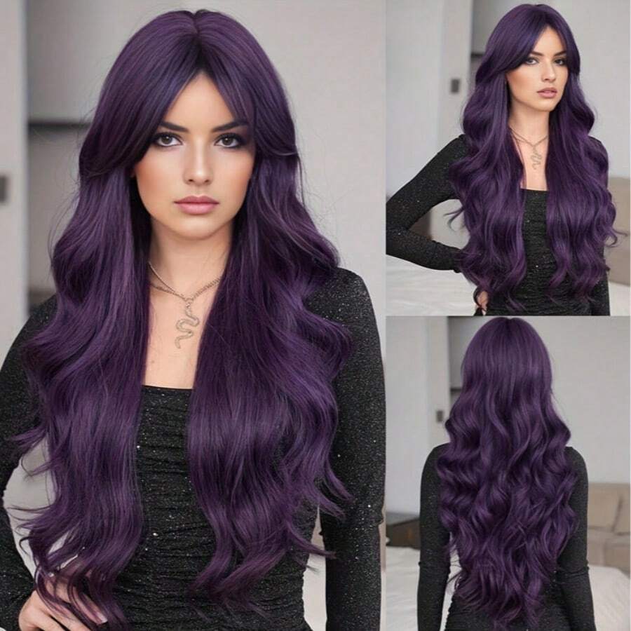 1pc Women'S Purple Water Wave Wig, High Density Synthetic Long Wavy Hair, Mid Split, Rose Net Cap, High Temperature Fiber, 150% Density, Basics Style For Daily And Costume Use - Purple - View 1