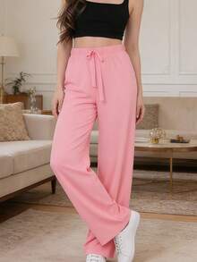 Women's High Waist Wide Leg Pants, Loose Casual Comfy Sleepwear Trousers, Minimalist Sweet Girl Style, Suitable For Spring, Summer, Autumn - Pink - View 1