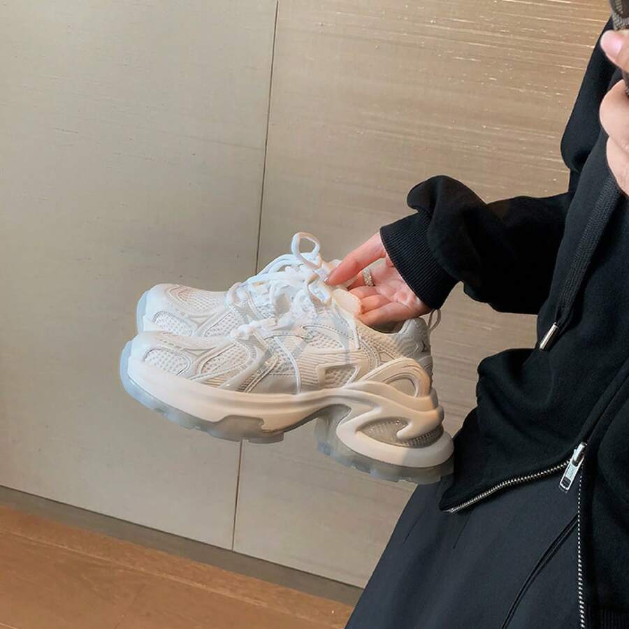 Women's Chunky Sneakers In Silver With Structured Leather Look And Thick Sole