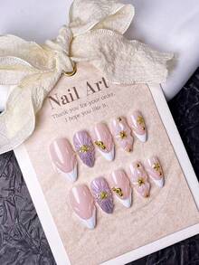10pcs Handmade Press-On Nails, Acrylic Press-On Nails, Short Nails, False Nails, New Year Nails, Nail Art Set, French Manicure, Cute Nails, Y2K Nails, Almond Shaped Nails, White Nails, Pink Nails, Purple Nails, Gold Nails - White - View 3