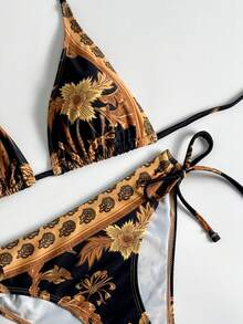 LUCKY HOLIDAY 2026 Nouveau bikini triangle sexy en 2 pièces pour femme, motif vintage printemps/été. Bikini à col noué avec rembourrage amovible, convient pour les vacances à la plage - Jaune citron - Voir 4