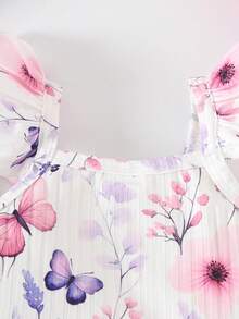 4pcs/Set Baby Girls Floral Print & Solid Ribbed Sleeveless Top + Casual Comfy Shorts Set, Summer - Pink - View 5