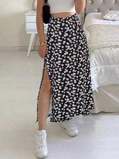 Fashionable Black Floral, Digital Printed Daisy, Milk Silk Fabric, Cool Summer Material, Sweet & Elegant, Casual, Date, Home, Vacation, Camping, Beach, Photo Shoot, Dancing, Party, Shopping, Versatile, Skirt For Women, Slim Waist