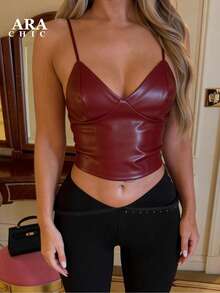 ARA CHIC Women's Red Sexy Hot Girl Style Halter Ruched Camisole Slim Fit Backless Versatile V-Neck PU Leather Base Top Nightclub Style Vacation Commuting Winter New Style - Red - View 2