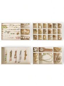1/5pcs Beige Desktop Jewelry Display Storage Box Elegant Stackable Velvet Jewelry Tray Organizer - Portable Multi-Purpose Storage For Rings, Earrings, And Necklaces