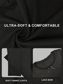 1 pieza Blusa de manga larga con cuello de encaje de unicolor, ajuste ceñido, versátil camiseta casual minimalista, suave y cómoda camiseta interior para otoño/invierno - Negro - Ver 3