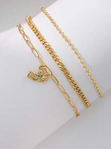 Nooxian 3pcs/Set Women Bracelet Set, Bohemian Summer Beach Style, Includes Golden Plated Multi-Layer Basic Chain, Curb Chain, Beaded Chain, Paperclip Chain, Zirconia Octopus Pendant, Multi-Layer Stacking Bracelets, Ocean Series Jewelry Gift - Yellow Gold - View 3