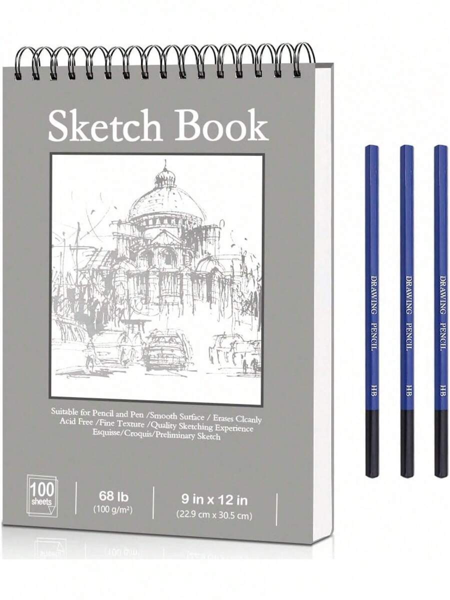 EstiloTendenciaEDECOR 9"X12"Cuaderno De Boceto, Cuaderno De Dibujo Encuadernado En Espiral, 100 Hojas 68Lb/100Gsm Libreta De Dibujo Con 3 LáPices, Perfecto Para Dibujo E IlustracióN(Gris)Calidad PremiumVersióN Mejorada - Marrón - Ver 1