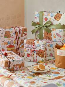 6pcs Capybara Themed Fantasy Gift Wrapping Paper, Mixed Color Animal Pattern, For Children's Birthday Party And Baby Shower, 6 Folded Sheets Per Pack, Party Gift Packaging | Quirky Design | Colorful Print - Multicolor - View 3