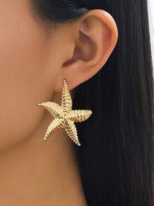 1 Pair Classic Fashion Summer Beach Textured Metal Starfish Stud Earrings, Women's Summer Gold Jewelry - Yellow Gold - View 1