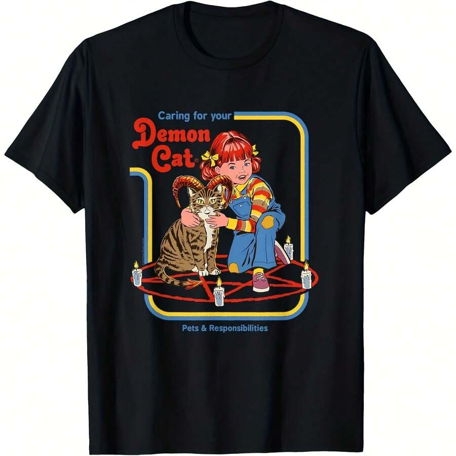 Caring For Your Demon Cat Retro Dark Humor T-Shirt - 黑色4 - 查看 1