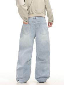 1件 Justice Brother 休闲通勤男士宽松阔腿经典牛仔裤（不含腰带和配饰） - 藍色 - 查看 2