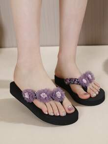 Osa 3D立体花卉女士人字拖，紫色网眼花朵时尚百搭轻便舒适沙滩凉鞋 - 黑色 - 查看 16