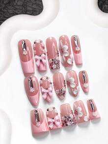 10片亮粉色系列亚克力美甲贴纸，法式按压式棺材甲、杏仁甲、鸭嘴甲，五瓣白花，粉色蝴蝶结美甲装饰，手工花朵美甲贴纸，白色指甲油，粉色指甲凝胶，包含工具包（1张果冻贴纸+1个指甲锉），适合女性参加派对、节日、婚礼、假期，是送给女士的绝佳礼物，手工按压式美甲用品。 - 彩色 - 查看 1