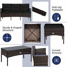 COSTWAY 3 PCS Outdoor Rattan Conversation Set, Patio Furniture Set W/ 5 Elastic Seat & Back Cushions, High Durability, Tempered Glass Coffee Table, Ideal For Poolside, Balcony, Backyard, Easy Installation, Black - Black - View 3