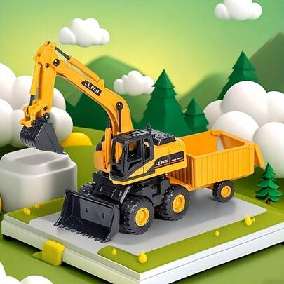 1件装，三合一免电池回力工程车玩具 – 耐用重型塑料工程玩具套装，包含逼真的推土机、挖掘机和自卸车，多功能工作装置，可移动操作臂和坚固铲斗