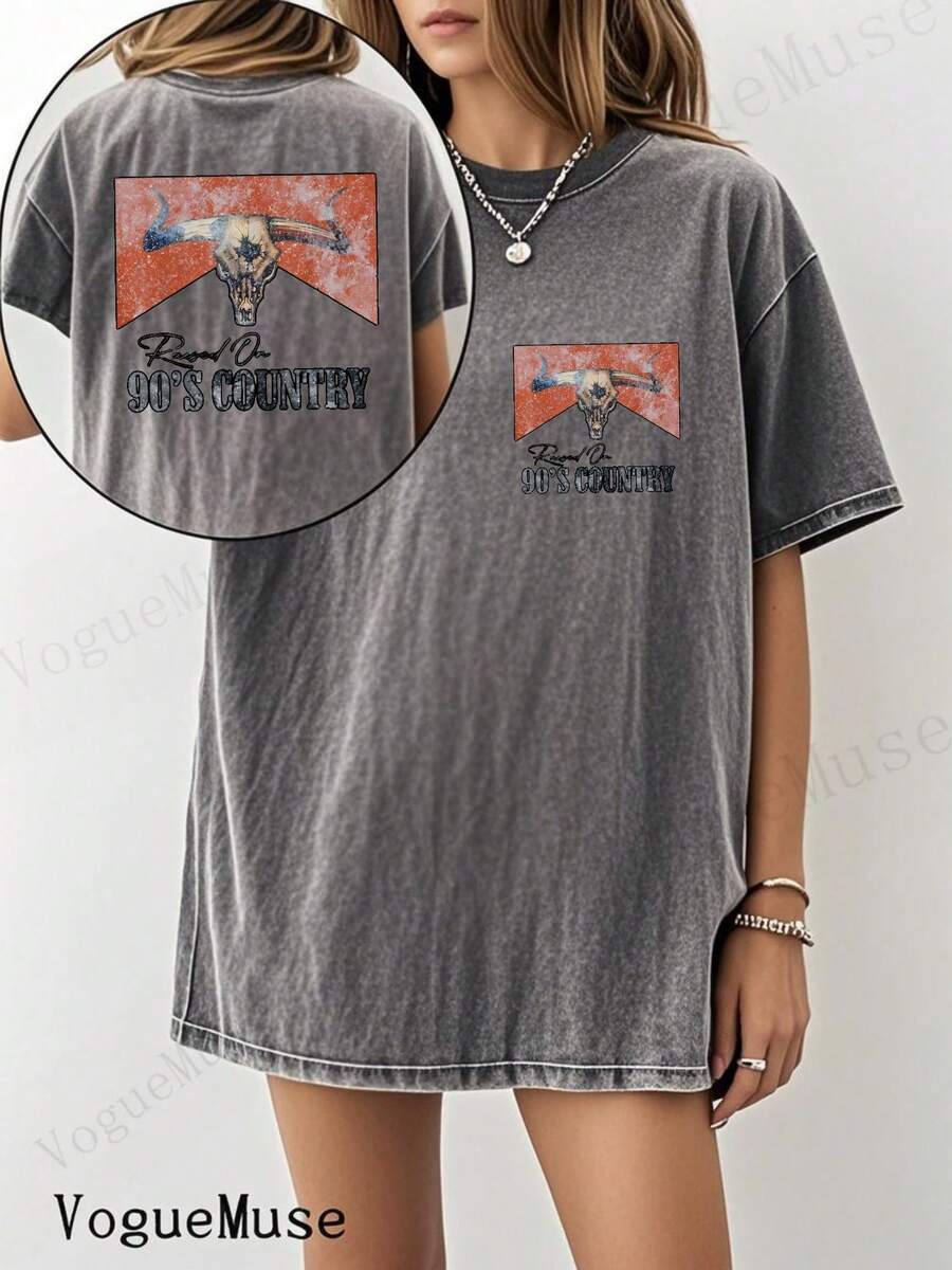 Unisex Washed Distressed T-Shirt Cotton Blend Casual Oversized Tee. Women'S Vintage 192s Retro Skull & 9'S Country Graphic T-Shirt - Double-Sided Washed Print, Soft Comfort Fit, Casual & Music Festival Streetwear, Spring Summer Fall Essential, Multiple Colors Available ( Shown) - Edgy Western Style Top,Valentine Outfits For Women,Valentine's Day Gift,St. Patrick's Day Outfits,Women's Washed Distressed T-Shirt - 灰色 - 查看 1