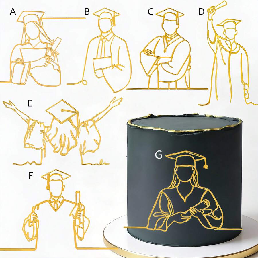 1个/3个金色亚克力人像毕业蛋糕装饰插牌，适合毕业派对DIY蛋糕装饰 - 彩色 - 查看 1