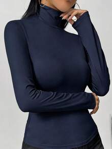 女士纯色高领修身长袖T恤，宽松舒适，简约百搭，适合春、秋、冬季穿着，可用于夜间外出、度假、日常、办公、居家、街头、旅行、机场、早午餐等各种场合。风格：休闲/极简/Y2K/优雅/性感/街头/可爱/时尚。适合秋冬季女装、万圣节、圣诞节、教师节、外套、约会等场合，可作为基础款上衣穿着，韩版风格。 - 藏蓝色 - 查看 5