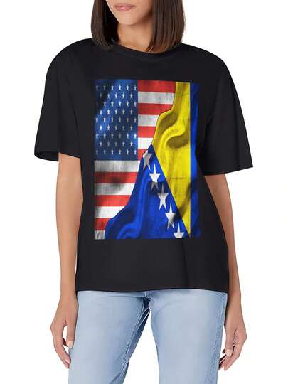 America Flag Bosnia Bosnian Flag Women's Basic Crew Neck T-Shirt - Soft Cotton Slim Fit Versatile Daily Top