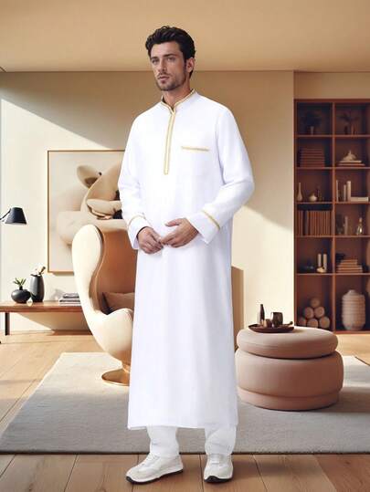 1pc Men's Solid Color Casual Stand Collar Arabic Robe, Saudi Kandura/Dubai Style Robe - Men's Premium Islamic Long Robe, Suitable For Eid And Daily Wear, Loose Fit, Dishdasha/Moroccan Style, Soft And Comfortable Fabric, Breathable, Middle Eastern Traditional Clothing, Muslim Prayer Robe