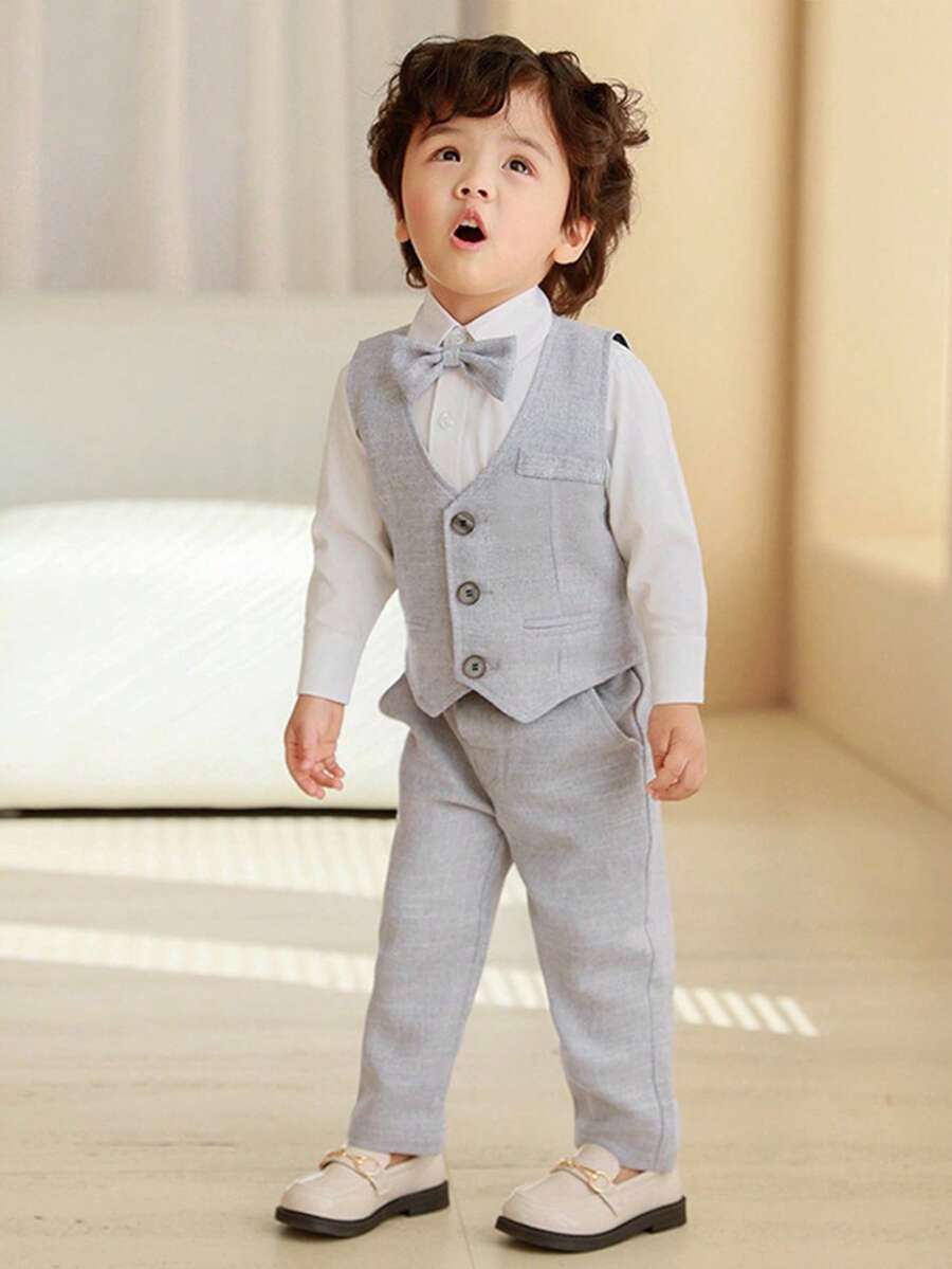 Bộ vest lịch sự 4 món cho bé trai - Áo sơ mi dài tay màu xám, áo gile, quần tây, cà vạt | Bộ vest cho bé trai, trang phục trang trọng cho trẻ nhỏ, trang phục phù rể, tiệc cưới, sinh nhật, tựu trường, biểu diễn