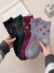 5 Pairs Vintage Style Socks For Women, Minimalist Floral Pattern Mid-Calf Socks, Comfortable & Loose Fit, Suitable For Daily, Casual, Sports, Gifts, All Seasons