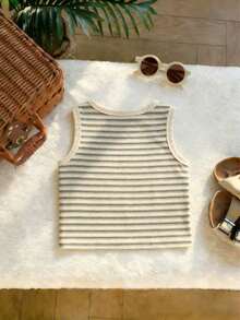 Girls' Apricot Striped Sleeveless Tank Top, Minimalist Fashion Sleeveless Blouse, Suitable For Outdoor Activities/Daily Wear, Comfortable, Machine Washable, Versatile Summer Clothing - Apricot - View 3