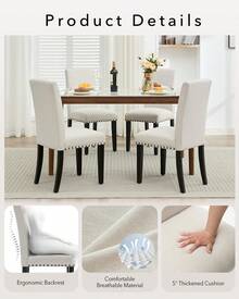 Sillas de comedor Parsons, juego de 2: sillas laterales tapizadas de tela con ribete clásico de tachuelas y patas de madera resistentes, para comedor, cocina, sala de estar y restaurante. - Beis - Ver 6