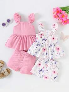 4pcs/Set Baby Girls Floral Print & Solid Ribbed Sleeveless Top + Casual Comfy Shorts Set, Summer - Pink - View 1