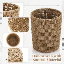 Havawish 2 piezas Cesta de basura de hierba marina trenzada de mimbre hecha a mano papelera tejida de 6.8 litros papelera redonda de mimbre estilo boho contenedor de basura natural para dormitorio - natural - Ver 4