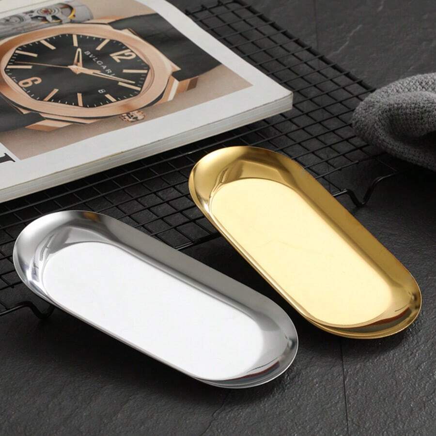 1 pieza Bandeja ovalada de acero inoxidable, organizador de joyas con patrón sólido, bandeja para baño y artículos de tocador, plato de servir de metal para postres. Recomendación para la cocina. Idea de regalo para Eid Al-Fitr y Ramadán. Artículo esencial para el hogar. - Multicolor - Ver 1