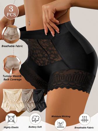 3pcs Women High Waist Lace Trim Briefs, Tummy Control & Lift, Comfortable Breathable Fabric, Ideal Gift