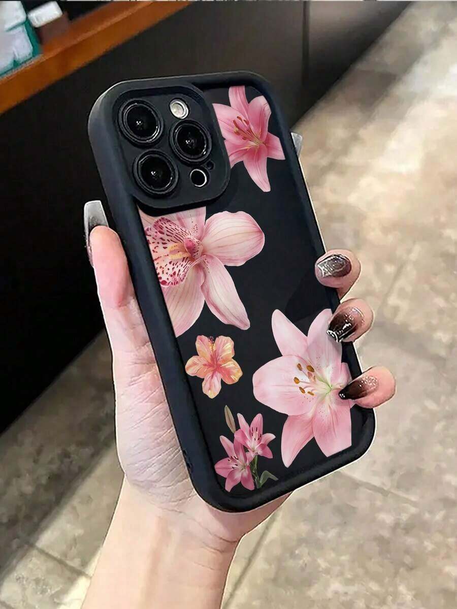 1pc Minimalist Pink Lily Flower Pattern Shockproof TPU Phone Case, Compatible With IPhone 16 Pro Max/15 Plus/14/13/12/11/8P/XS Max And Galaxy S24 Ultra/S23 FE/S22/S21/S20/A52S/A15/A03 - 黑色 - 查看 1
