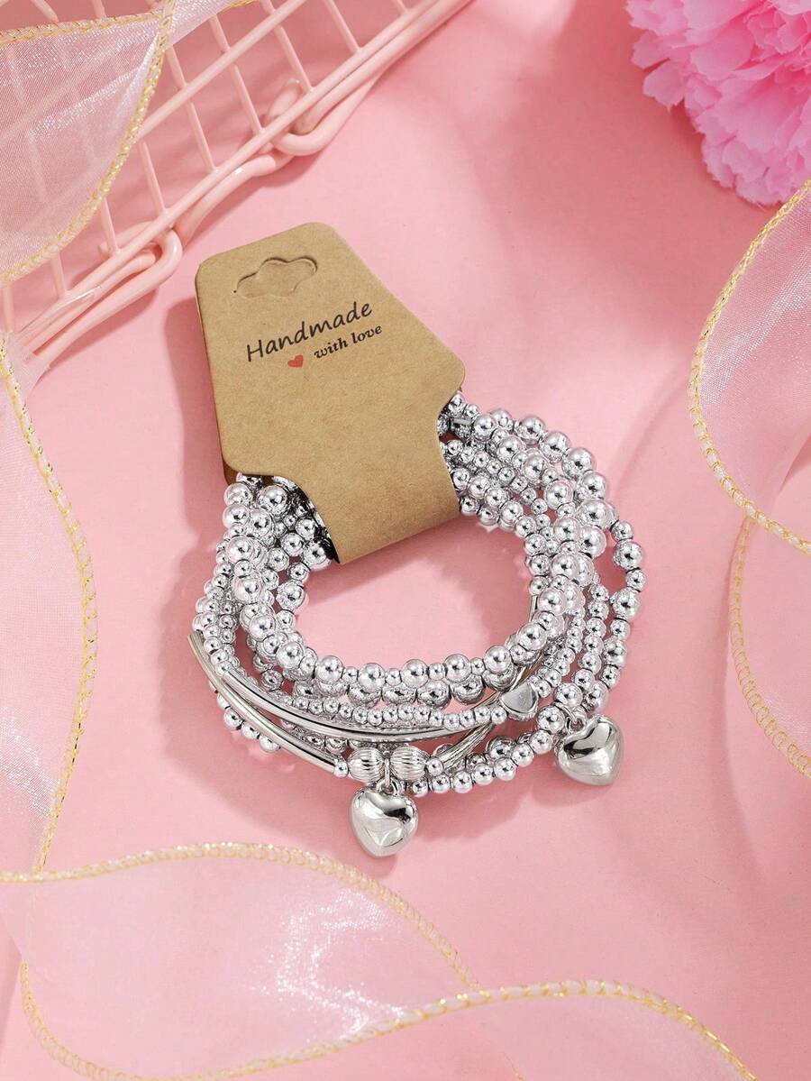 8piece Personalized Simple Silver CCB Beaded Alloy Love Pendant Elastic Line Women's Bracelet Set Suitable For Valentine's Day Gift Mother's Day Gift,Mom,Mother,Mother's Day,Gift - 銀色 - 查看 1