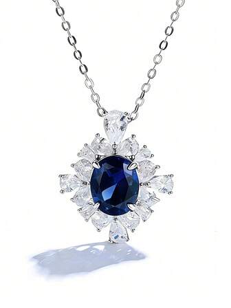 925 Silver Oval Blue Sapphire Necklace, Surrounded By Crystals Showcasing Luxurious Elegance, Suitable For Weddings, Galas, Anniversaries, Parties, Gifts - Women's Fashion Jewelry