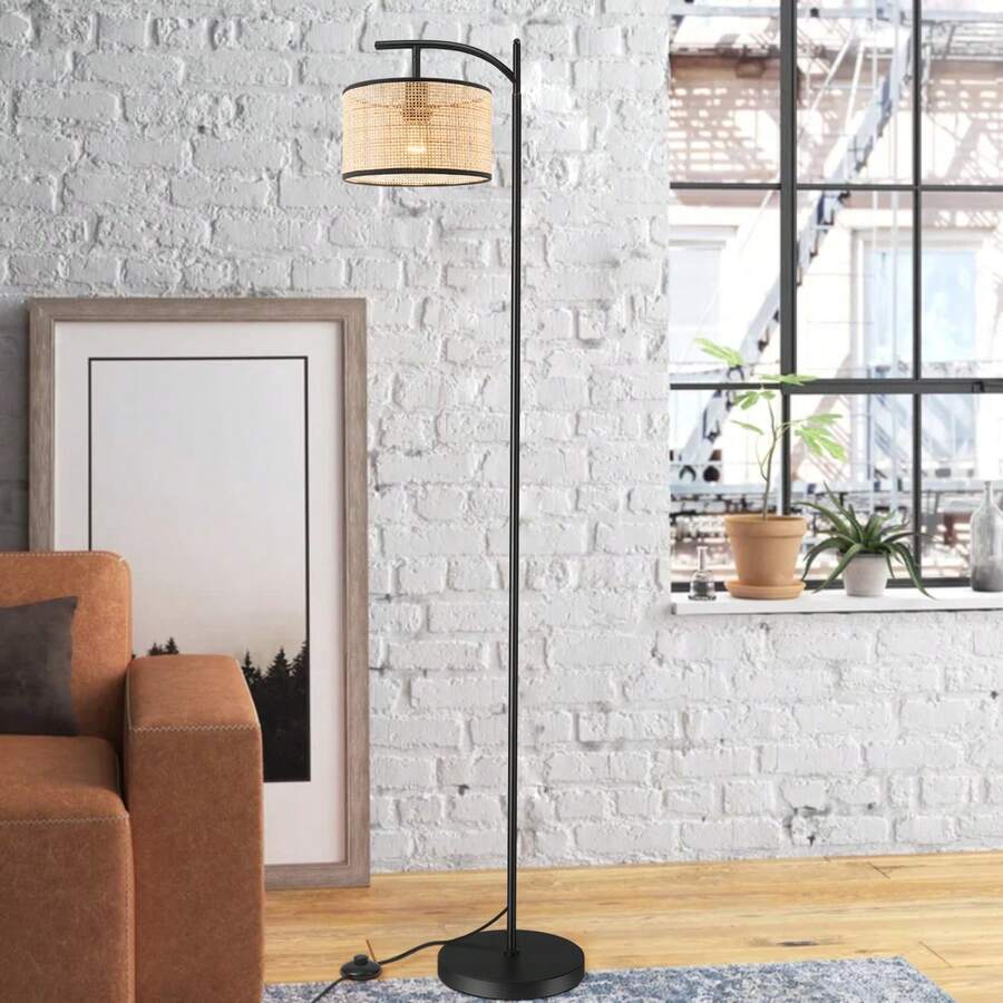 Rustic Floor Lamp With Rattan Lampshade Footswitch Pole Standing Light E26 Socket US Plug For Bedroom Living Room Office Study Reading 110V - View 1