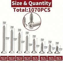 1070件套木螺丝组合套装，含螺丝头，平头螺丝，规格M2 x 4/5/6/8/10/12/16/20，碳钢镀镍 - 白色 - 查看 4