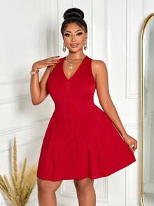 Vestido mini plisado con botones en la cintura, de tela elástica, en unicolor, para mujer de talla grande. Adecuado para primavera, verano, otoño e invierno. Elegante, juvenil y versátil, apropiado para compras diarias, festivales y uso diario. - Rojo - Ver 3