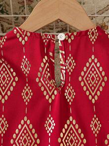 Young Girl' Fashionable Casual Cute Foil + Golden Trim Hem Dress - Red - View 8