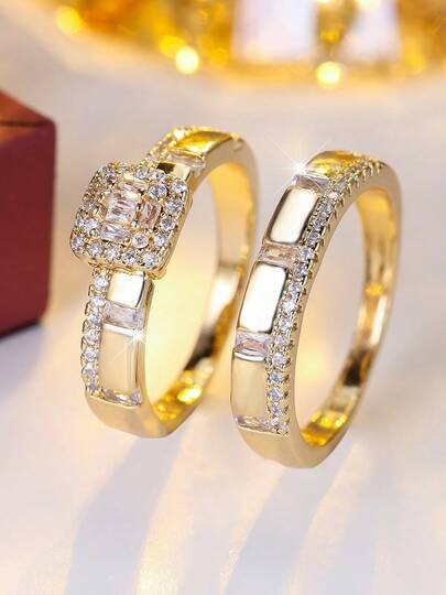 两枚金色情侣戒指套装，镶嵌方形钻石，结婚首饰，伴娘礼物
