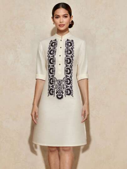 AmyenjoylifeModern Traditional Filipino Dress, Elegant One-Piece Butterfly Sleeve Filipino Floral Print Organza Short Sleeve Dress, Suitable For Women, Perfect For Vacation, Casual Wear, Date, Party, Spring/Summer