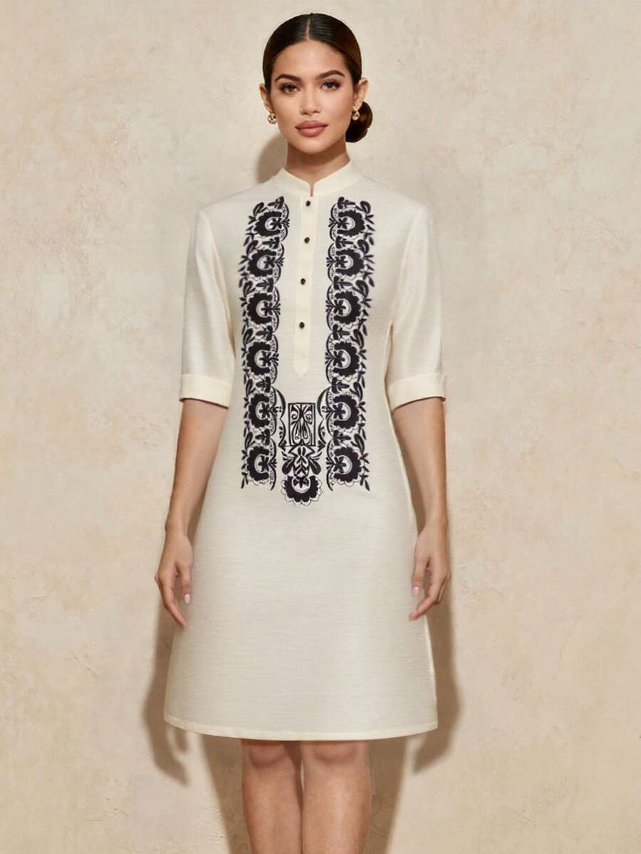 Amyenjoylife现代传统菲律宾连衣裙，优雅的蝴蝶袖菲律宾印花欧根纱短袖连衣裙，适合女性，是度假、休闲、约会、派对、春夏的完美之选。 - 香檳色 - 查看 1