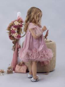 女婴吊带蝴蝶结薄纱蛋糕裙公主礼服，适合生日派对、花童、婚礼、复活节、洗礼、圣餐礼及其他正式场合 - 粉色 - 查看 9