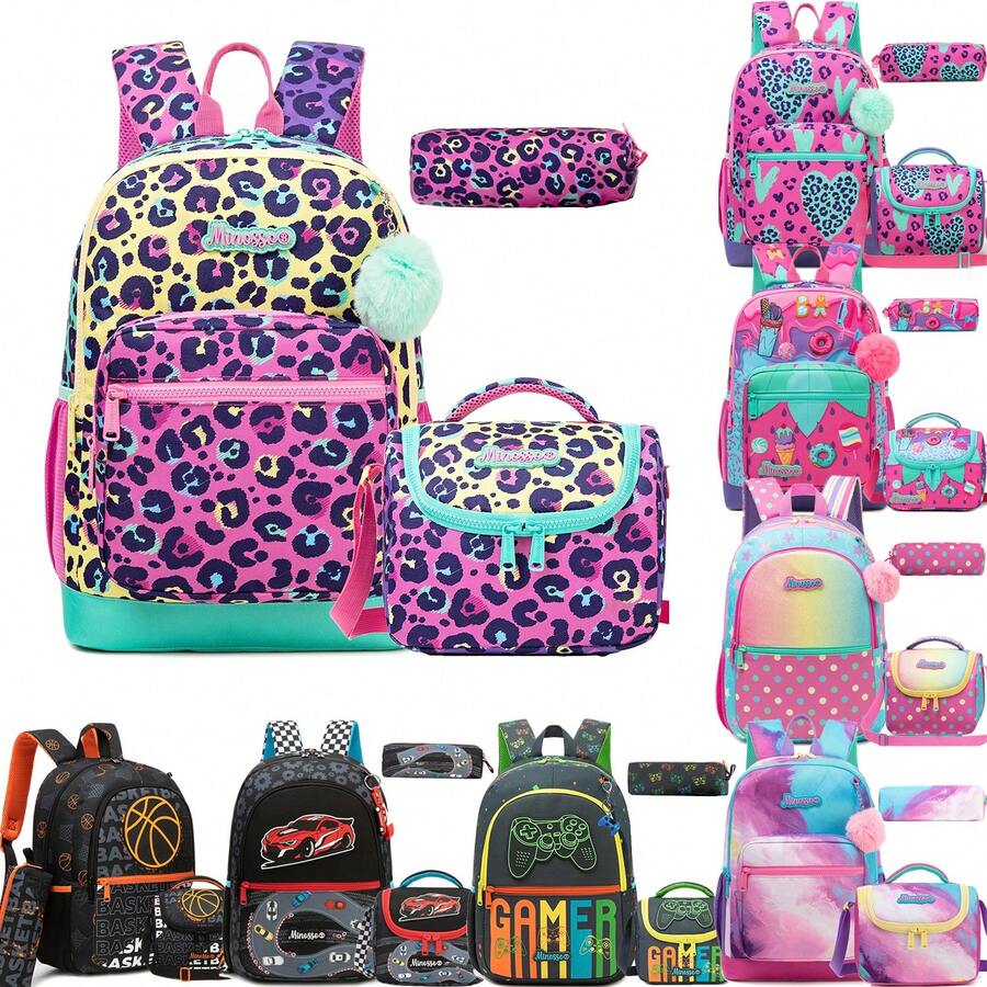 Conjunto de 3 Mochilas Infantis, Unissex para Meninos e Meninas, Ideal para Alunos do Ensino Fundamental e Pré-Escolares, Mochila de Viagem Fofa, Conjunto de Mochila Escolar 3 em 1 - Kit de mochila colorida - Ver 1