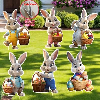 2D 平面，6 件装复活节可爱兔子户外装饰，复活节户外装饰，复活节兔子庭院装饰，带 12 个塑料支架，欢快可爱的兔子庭院支架，适合春季花园复活节派对。