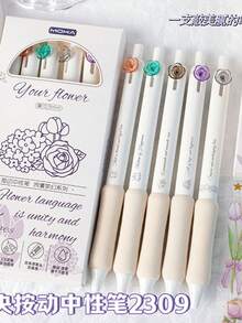 4/5支装透明彩色花朵系列中性笔，高品质花朵按压式笔，适合学生使用，速干0.5mm黑色墨水笔，适用于办公和签名 - 黑色 - 查看 10