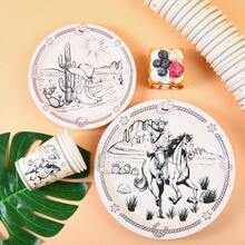 Western Cowboy Black & White Disposable Tableware Set, 7/9 Inch Party Plates, Disposable Paper Plates And Cups Suitable For Holidays, Weddings, Engagements, Birthdays, Parties, Celebrations - Multicolor - View 5
