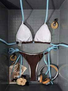 2pcs Women Floral Print Halter Neck Backless Tie Strap Bikini Set, Elegant Bohemian Casual Beach Vacation Swimwear, Spring/Summer - Brown - View 6