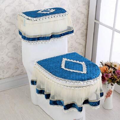 Toilet Seat Cover Set, Soft Warm Lace Patchwork Toilet Lid Cover Water Tank Cover Bathroom Decor